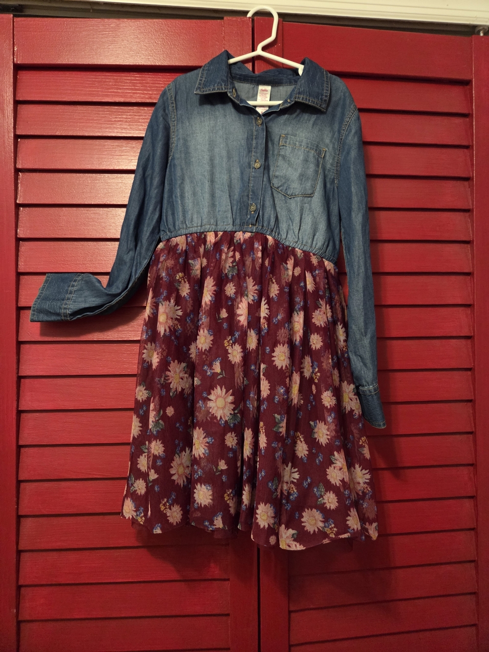 Denim Top Floral Skirt Girls' Dress - Burgundy Floral